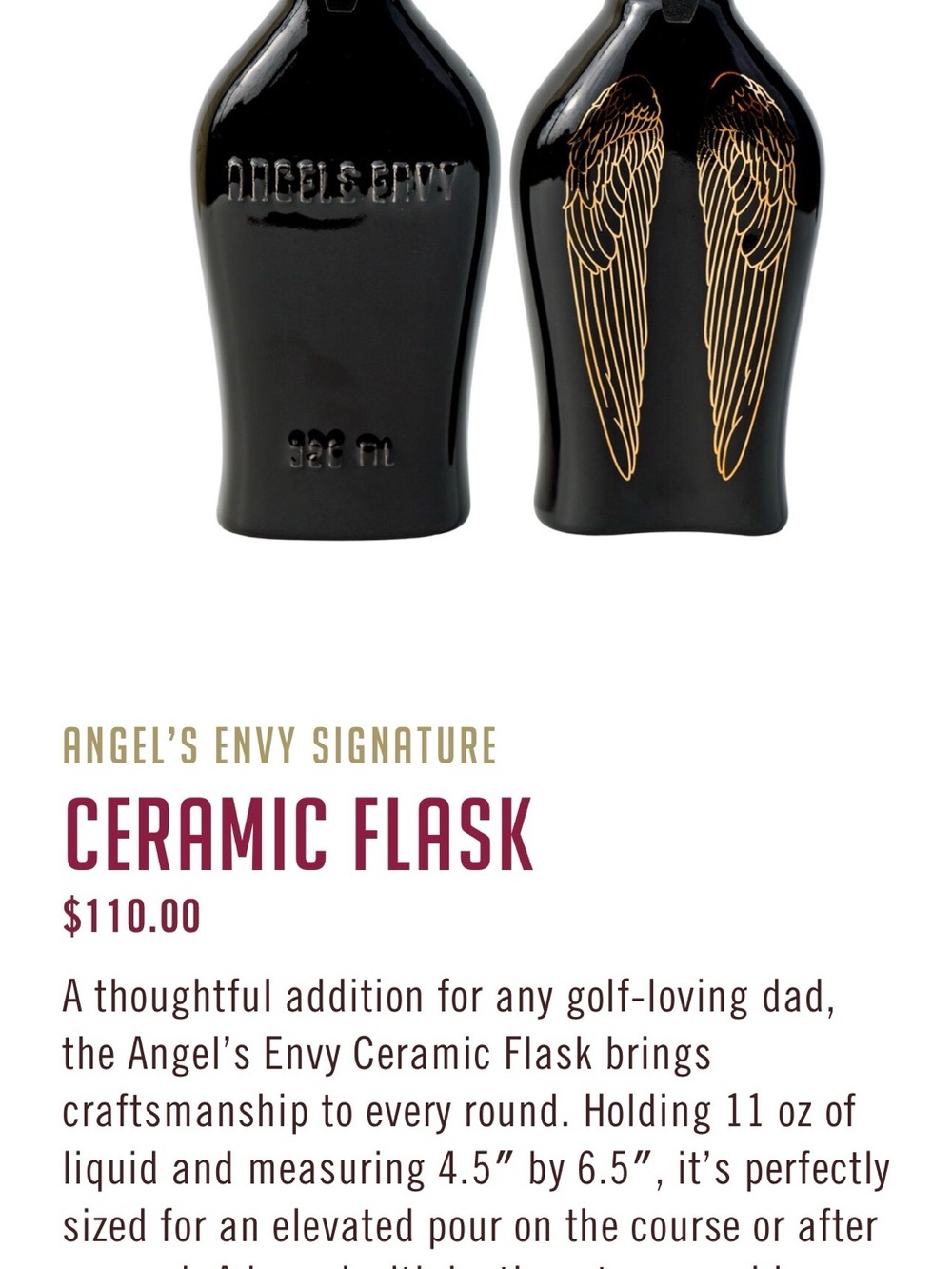 Ceramic Flask - Black with Gold Wings. Angels envy. New!